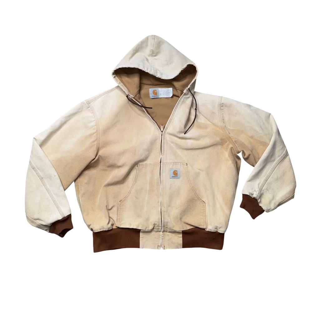 Carhartt Jacket Men 2XL‎ Cream Distressed JR106 Thermal Lined Hooded Work Canvas